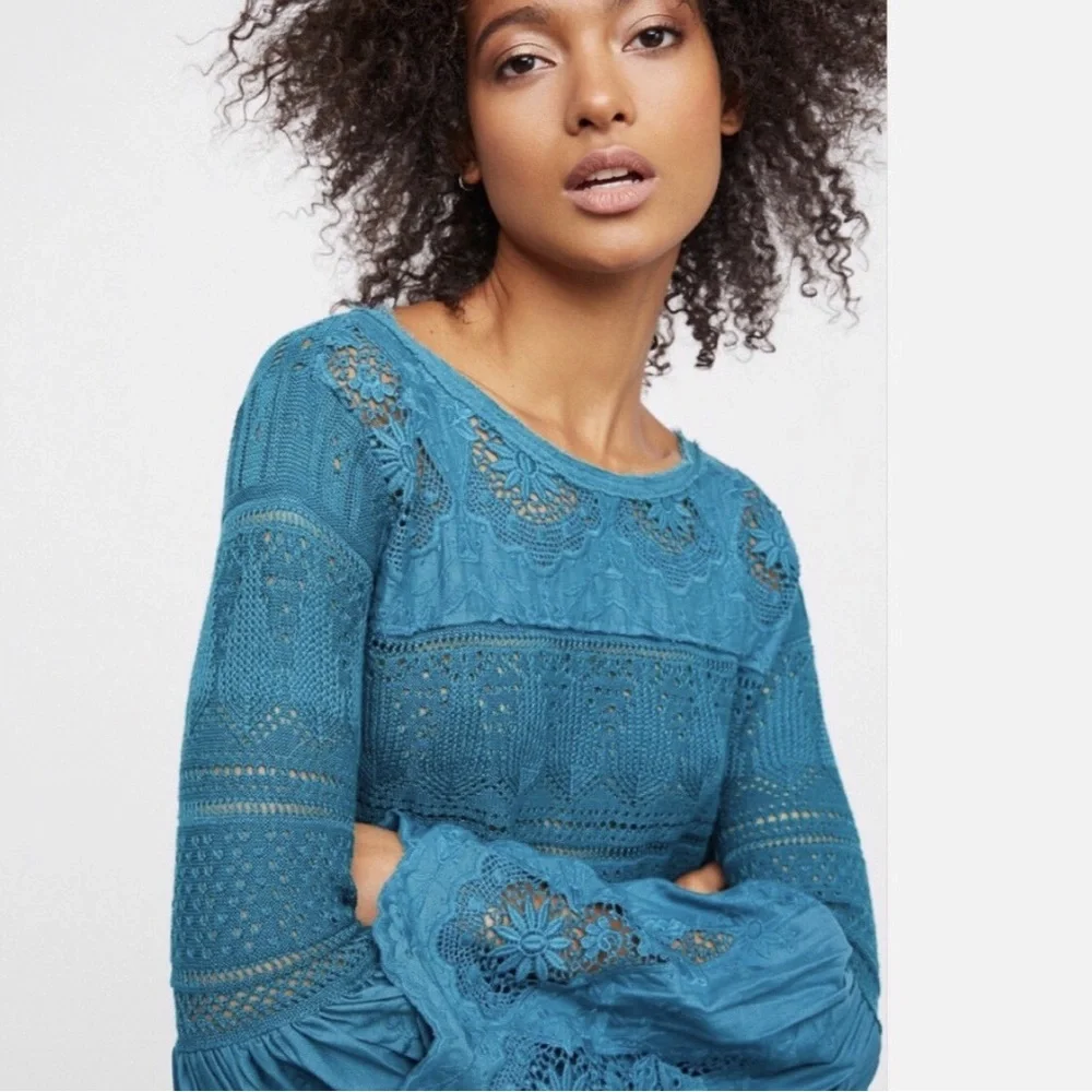 Free People Teal Lace Crochet Long Sleeve Blouse